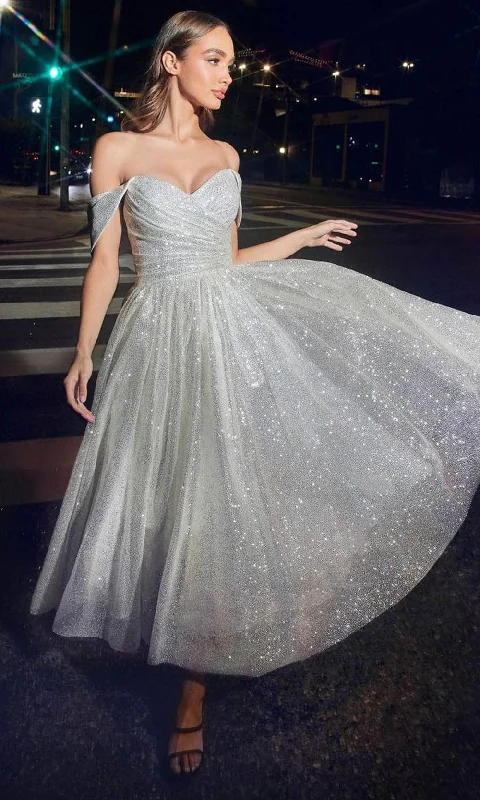 Extra Savings Cinderella Divine CD869W - A-line Tea-Length Dress with Off-Shoulder Design