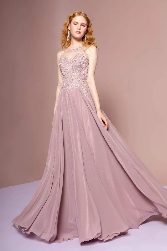 Best Bargains Elizabeth K - GL2690 Illusion Embroidery Appliqued A-Line Dress