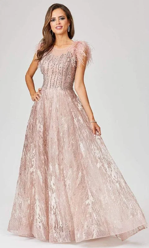 Hot Deal Lara Dresses - 29475 Feather-Fringed Cap Sleeve Embroidered Gown