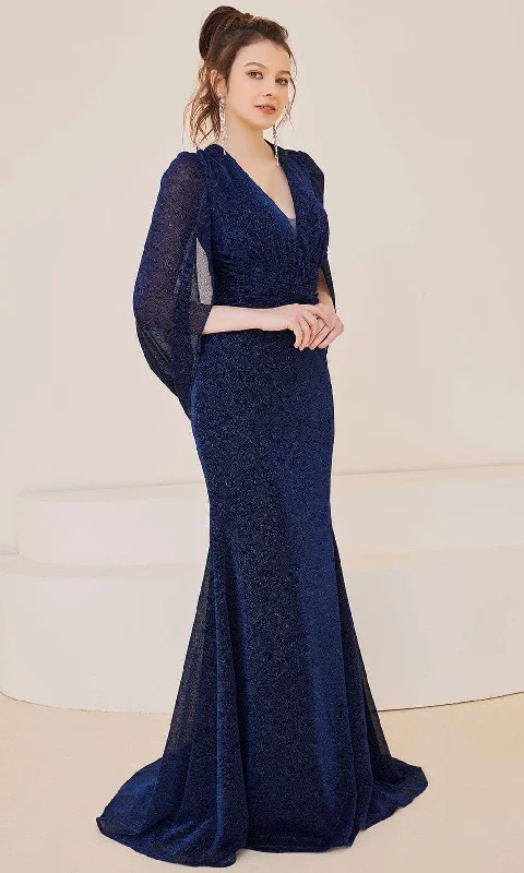 YEAR-End Clearance J'Adore Dresses J21023 - Cape Sleeve V-Neck Long Dress