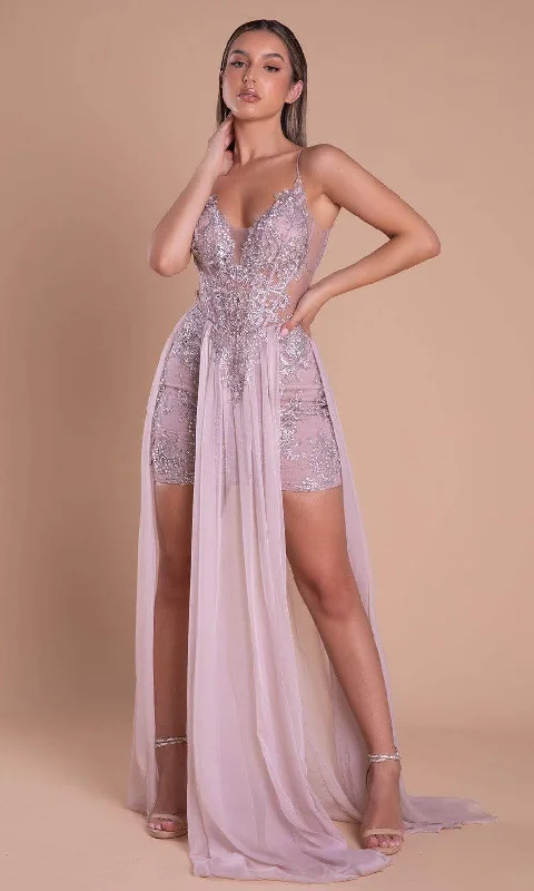 Bargain Bin Portia and Scarlett - PS21124 Sequin-Ornate Sheer Paneled High-Lo Dress