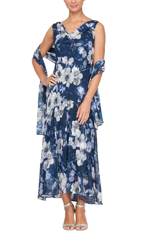 Clearance Sale Alex Evenings 8175903 - Floral Cowl Neck Formal Dress
