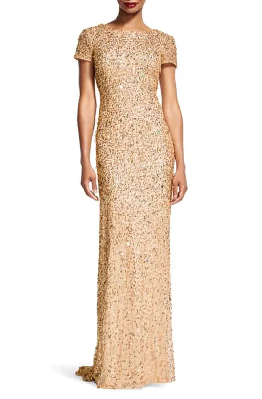 Super Deal Adrianna Papell Short-Sleeve All Over Sequin Gown  (Champagne/Gold