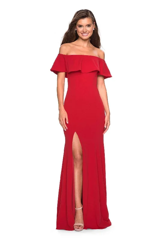 Markdown Madness La Femme - 27096 Ruffled Off-Shoulder Jersey Trumpet Dress