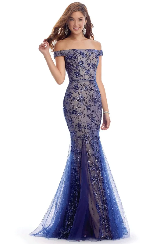 Stock Clearance Clarisse - 8014 Off-Shoulder Lace-Up Back Sequined Sheath Dress