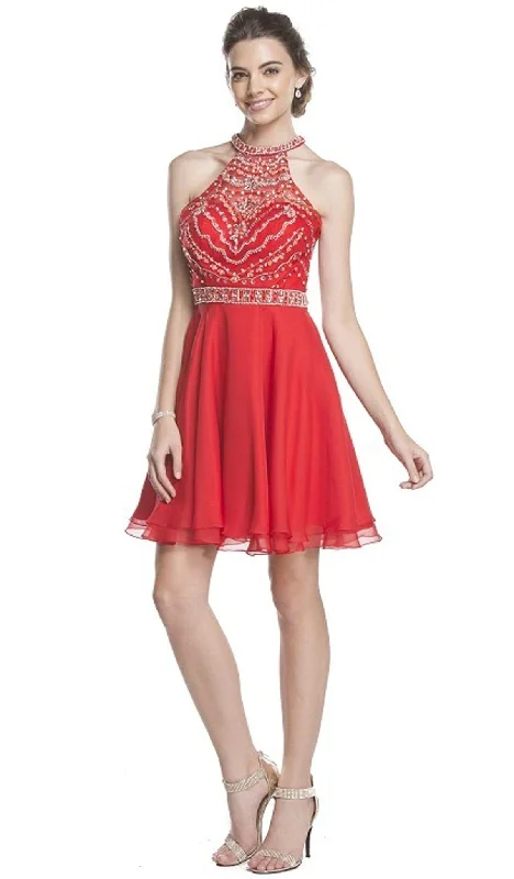 Bargain Bin Trevi Collection - Embellished Sheer Halter A-line Homecoming Dress