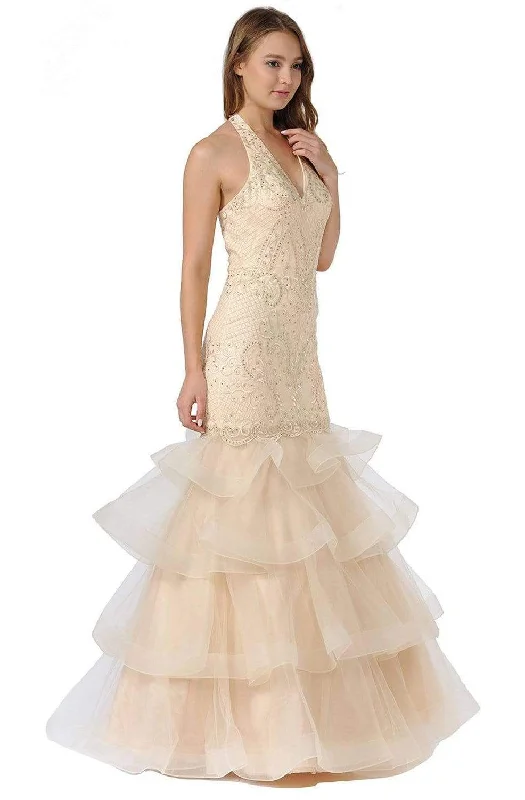 Midnight Madness Poly USA - 8466 Embroidered Plunging Halter Trumpet Dress