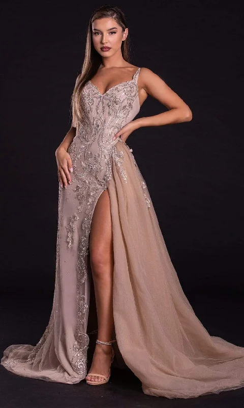 Year-End Clearance Portia and Scarlett - PS21222 Beaded V Neck Dress with Overskirt