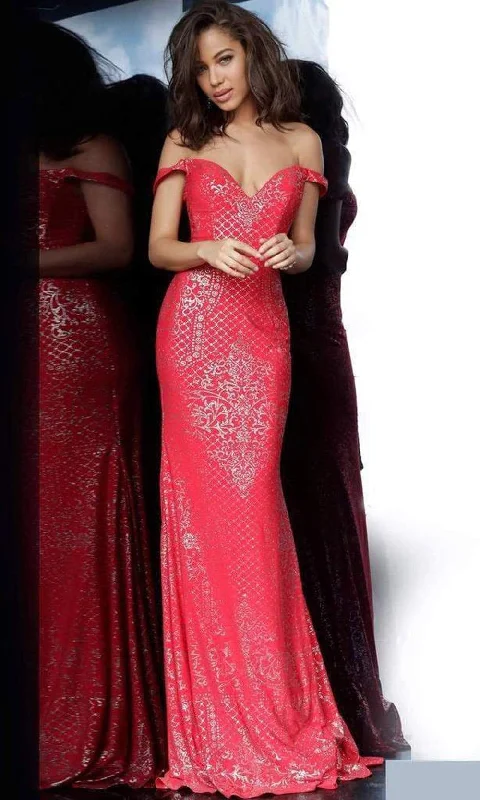 Lowest Prices JVN by Jovani - JVN60139 Patterned Sparkle Off Shoulder Long Gown