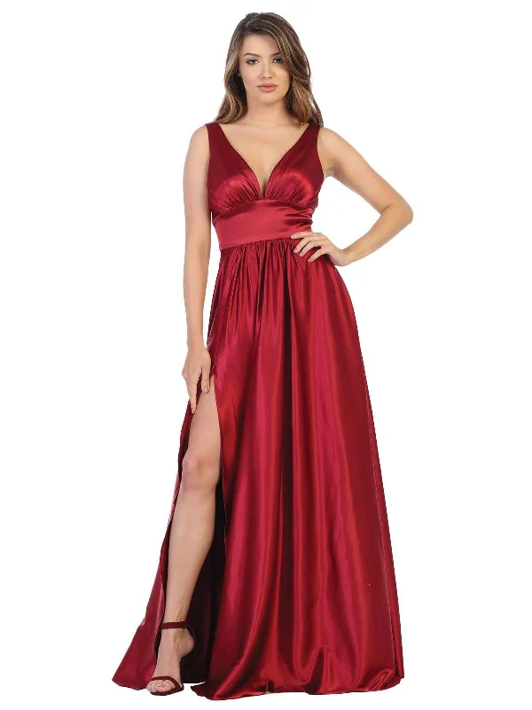 Customer Appreciation Sale May Queen - MQ1723 Plunging V-Neck Empire High Slit Dress