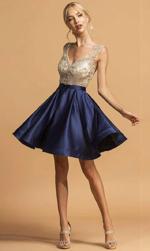 Super Sale Trevi Collection - S2124 Cap Sleeve Bejeweled Satin Dress