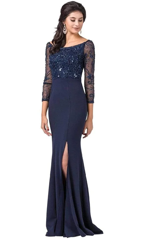 Price Drop Alert Dancing Queen - 2672 Bateau Neck Sheer Sleeves Embellished Bodice Fitted Long Dress - 1 pc Navy In Size M Available