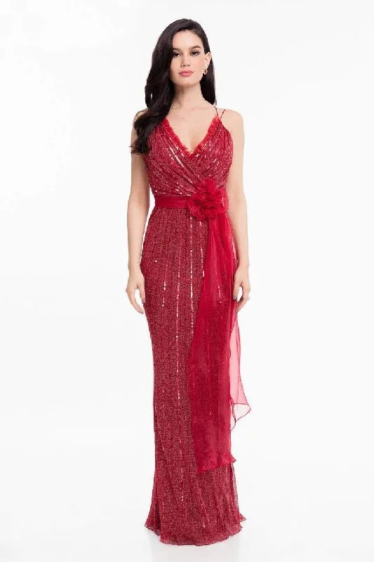 New Deals Terani Couture - 1821E7111 Sequin Ornate Sashed Long Evening Gown
