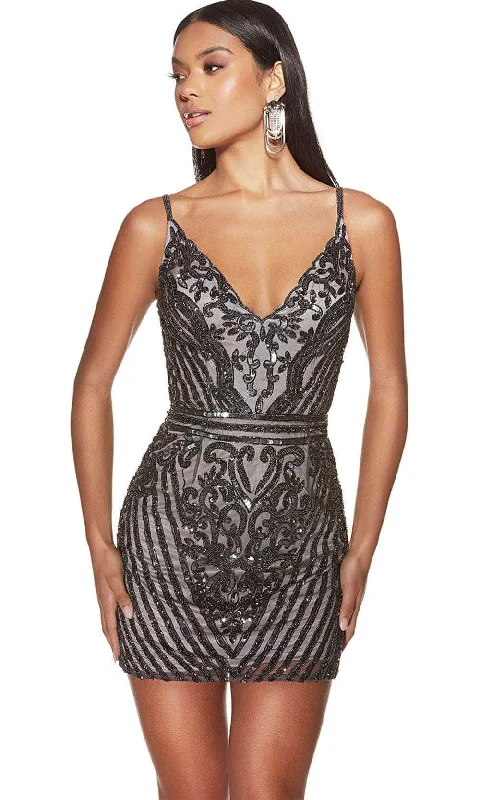 Hurry In Alyce Paris 4883 - Intricate Sequin Embellished V-Neck Cocktail Dress