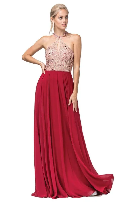Lowest Price Dancing Queen - 2838 Beaded Keyhole Cutout Halter Long Dress