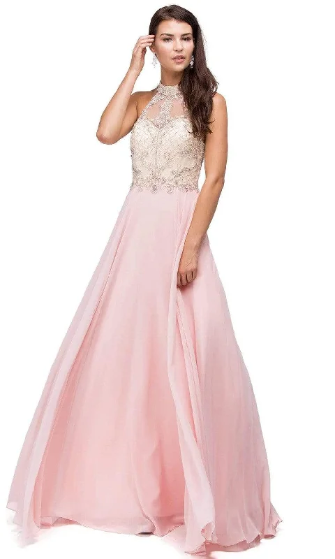 Price Drop Alert Dancing Queen - 9293 Embellished Illusion Halter Choker Neck Chiffon A-Line Dress - 1 pc Blush In Size L Available