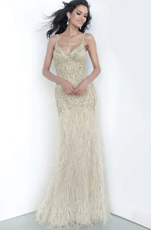 New Markdowns Jovani - 68827 Embellished V-neck Feathered Trumpet Dress