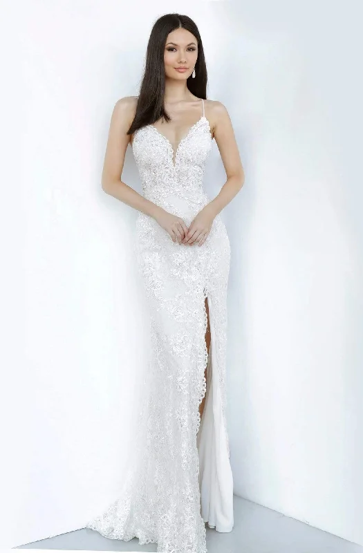 Online Only JVN by Jovani - JVN00864 Embellished Deep V-neck Sheath Dress With Slit