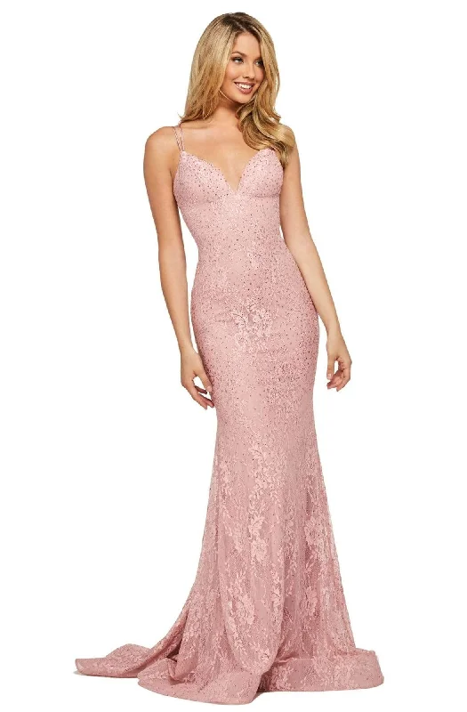Midnight Madness Sherri Hill - 53364 Plunging Lace Up Back Fitted Lace Dress