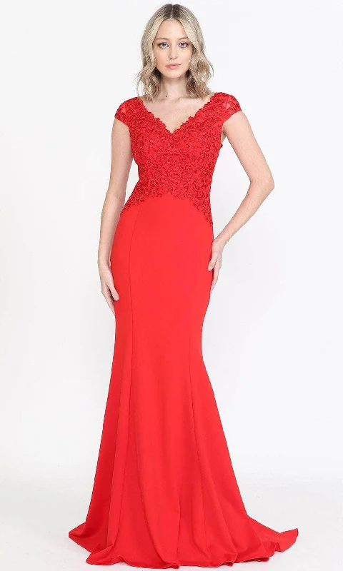 Bonus Savings Poly USA 8558 - Embroidered Jersey V-Neck Evening Dress