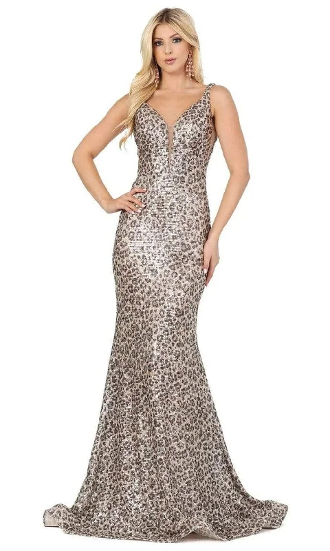 Now or Never Dancing Queen - 2921 Printed Deep V-neck Trumpet Dress