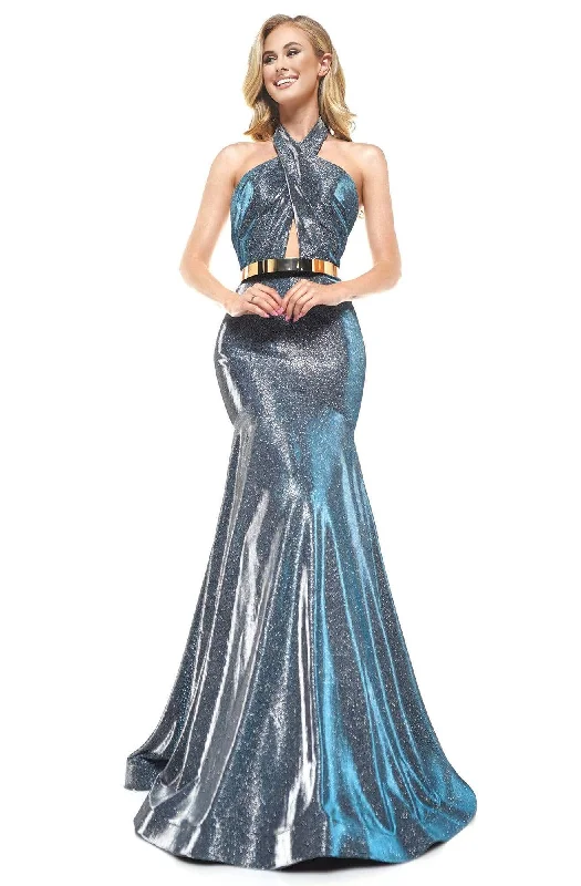 Instant Discount Colors Dress - 2287 Shiny Crossed Neckline Trumpet Dress