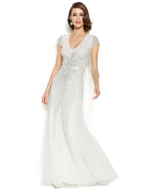 Deal Alert Adrianna Papell Women's White Cap-Sleeve Embellished Sunburst Gown
