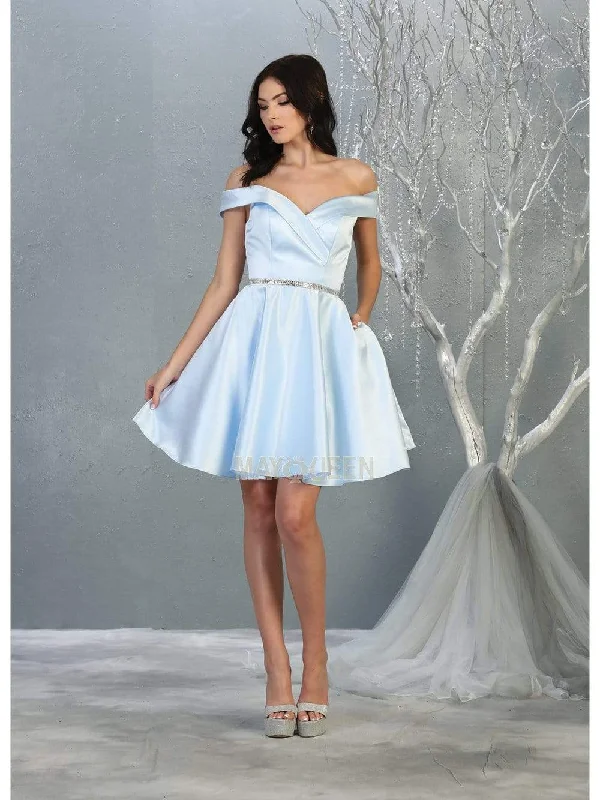 Price Drop May Queen - MQ1815 Off Shoulder Satin cocktail Dress