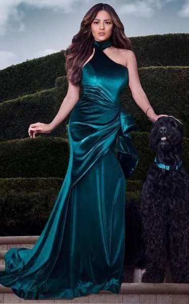 Bargain Bin MNM Couture - L0038 Asymmetrical Choker-Style Wrap Velvet Gown