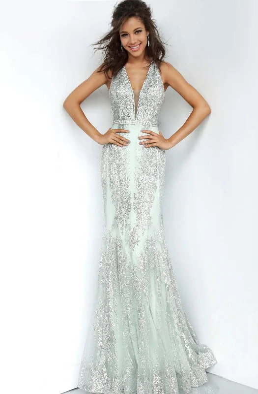 Take Advantage JVN by Jovani - JVN3663 Bedazzled Deep V-neck Trumpet Dress