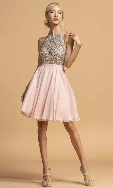 Steals and Deals Trevi Collection - S2140 Beaded Halter A-Line Dress