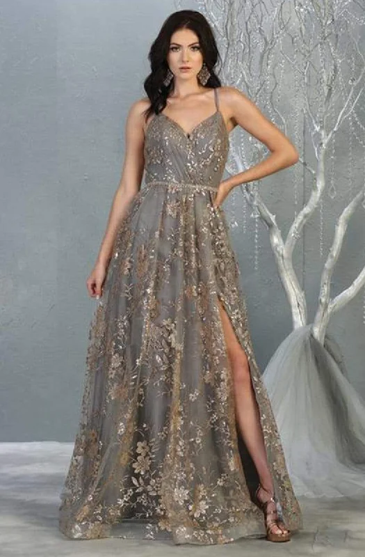 Deal Explosion May Queen - MQ1787 Embellished V-neck A-line Gown With Slit