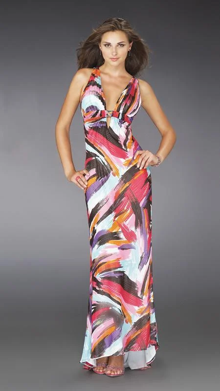 Extra Discounts La Femme - 14319 Deep V-neckline Printed Evening Dress