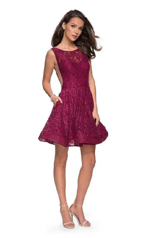 Savings Galore La Femme - Deep Scoop Back Beaded Lace Short Dress 26616SC