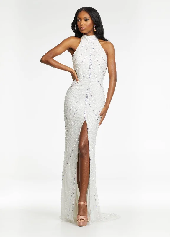 Low Prices Ashley Lauren - 11177 Beaded Halter Gown with Slit
