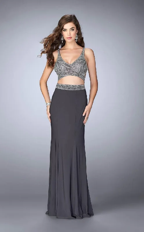 Hurry In La Femme Gigi - 23904 Beaded Crop Top and Jersey Skirt Long Dress