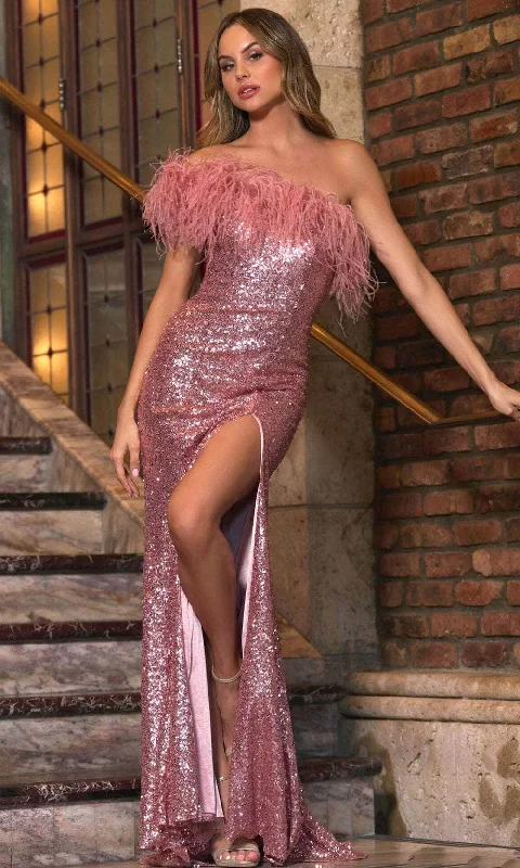Final Clearance Sherri Hill 55094 - Feathered One-Sleeve Evening Dress
