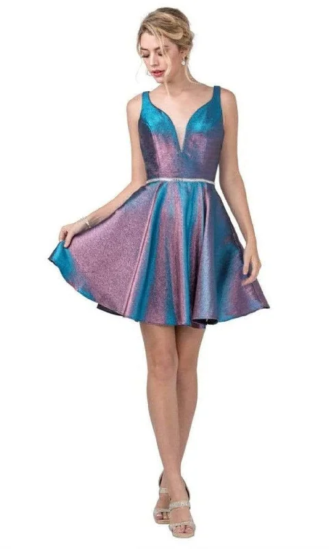 Overstock Trevi Collection - S2283 Metallic Plunging Sweetheart A-Line Dress