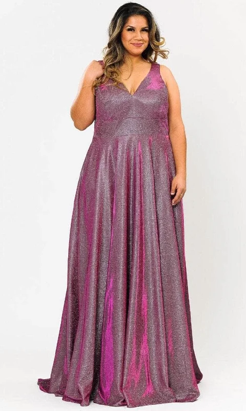 Special Promotion Poly USA W1036 - Plunging Neckline Metallic Glittered Dress