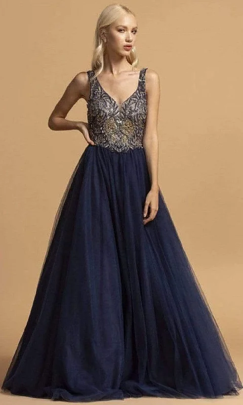 Discount Deals Aspeed Design - L2210 Beaded Plunging V-Neck Simple Prom Dress