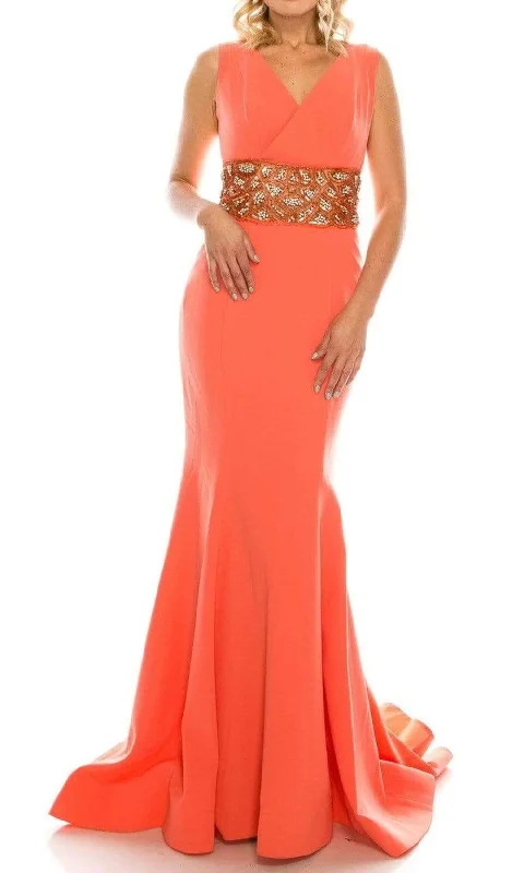 Early Access Odrella - 1565 Sleeveless V-Neck Ornate Empire Waist Trumpet Gown