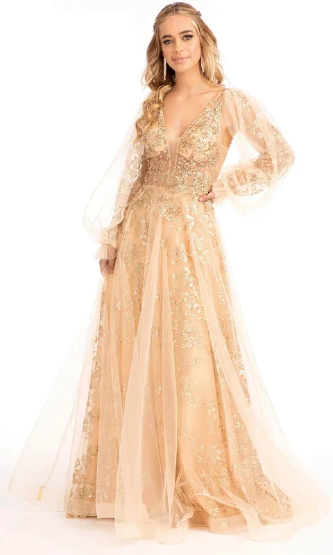 Deal Mania GLS by Gloria GL3001 - Long Puffed Sleeves Deep V-neck Evening Gown