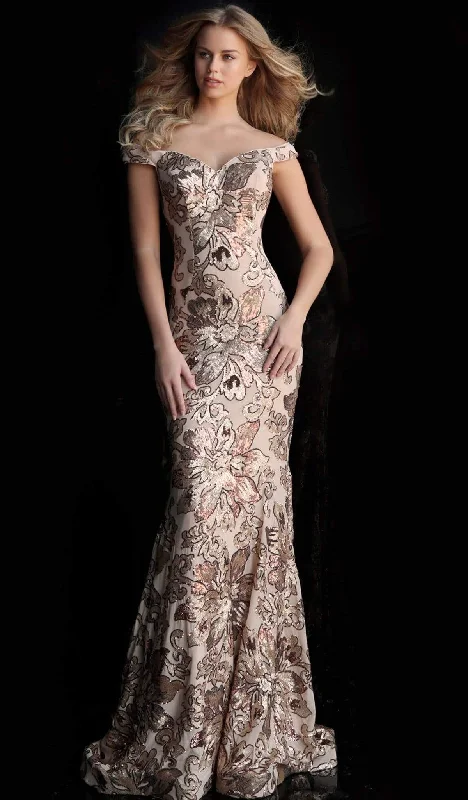 Price Fest Jovani - 63516 Sequined Off Shoulder Floral Mermaid Gown