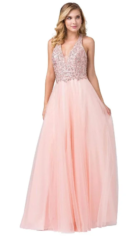 New Deals Dancing Queen - 2532 Beaded Sheer Deep Halter V-neck A-line Gown