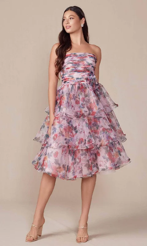 Final Clearance Nox Anabel Q842 - Strapless Floral Printed Knee-Length Dress