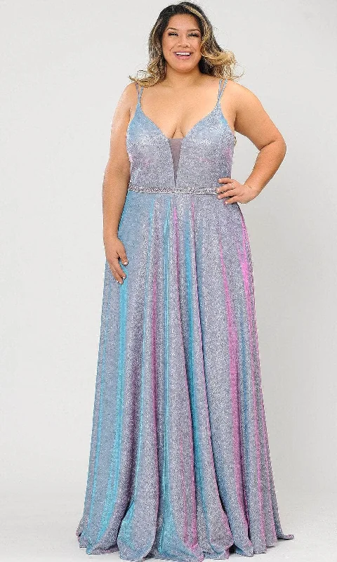 Deal Alert Poly USA W1048 - Plunged V-Neck Iridescent Formal Dress