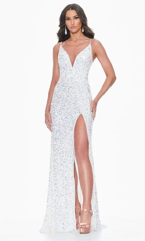 Can't Miss Ashley Lauren - 11037 V-Neck Lace-up Back High Slit Full Sequin Gown