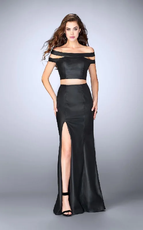 Act Fast La Femme - 24109 Dashing Off The Shoulder Neck Two-Piece Leather Dress