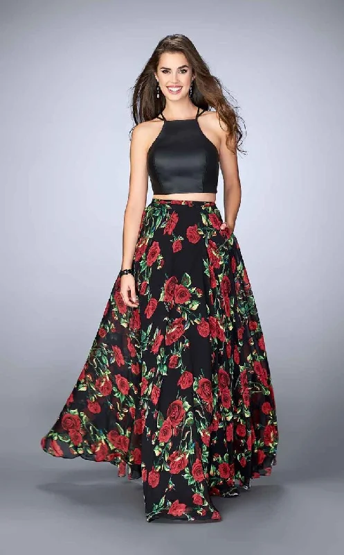 Discount Deals La Femme - 24014 Eye-catching Floral and Leather Two-piece Chiffon Dress