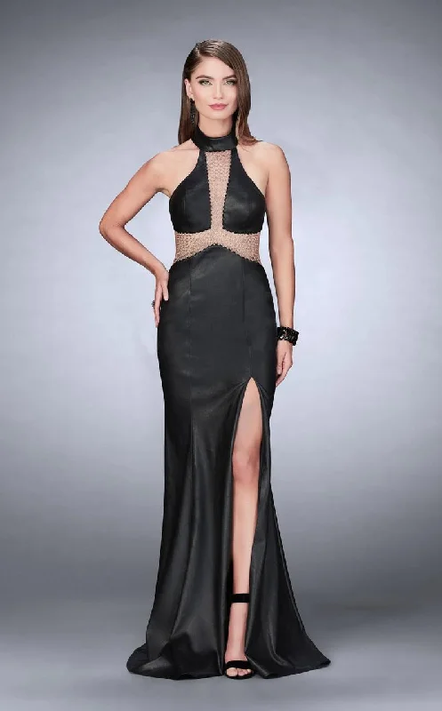 Can't Miss La Femme - 24018 Bedazzled High Neck Leather Dress